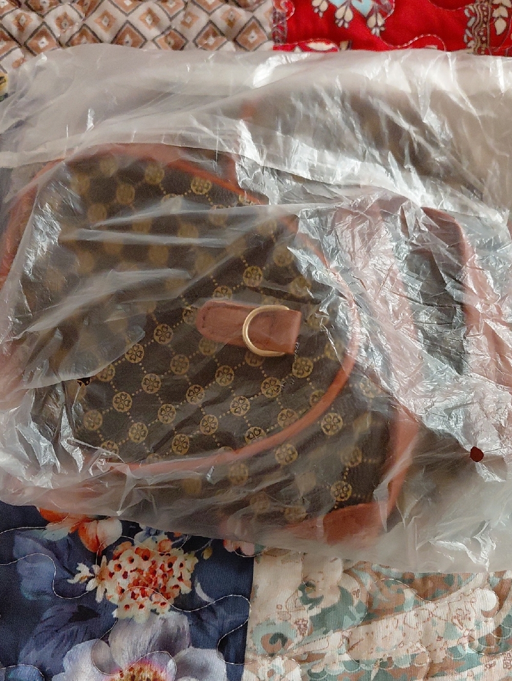 Brown Patterned Crossbody Bag with Tan Trim